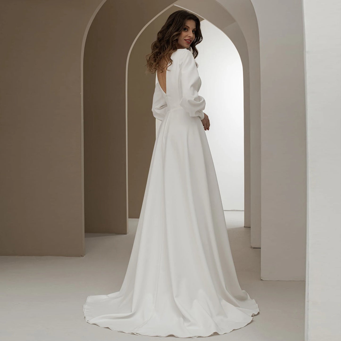 Einfache Brautkleider Langarm mit Schlitz für Frauen weiße A-Linie Rückenfreie elegante Brautkleider Braut Kleid Vestido de Noiva