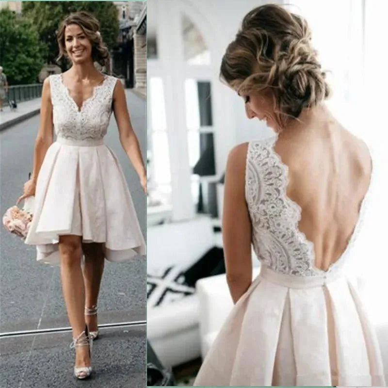 Sexy Short Lace A Line Wedding Dresses Backless Bridal Gowns Vestidos De Festa V-Neck Sleeveless Custom Made Stain