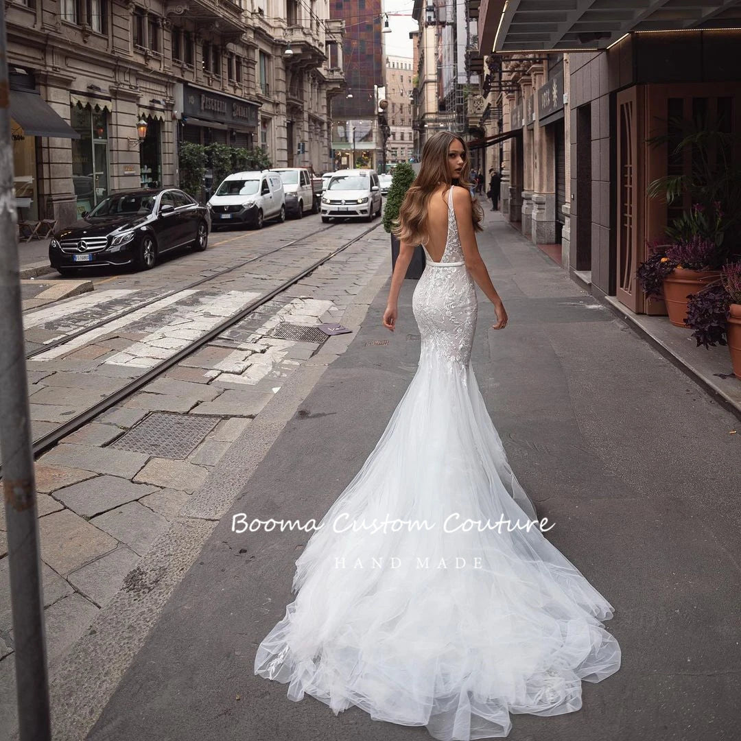 Modern V-Neck Mermaid Wedding Dresses Sleeveless Lace Appliques Trumpet Bridal Gowns Backless Tulle Bride Dresses