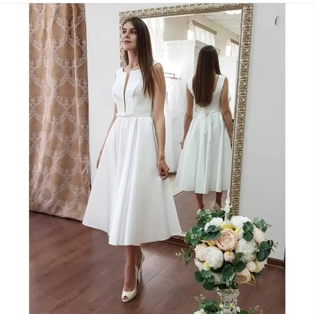 Wedding Dress Short Satin Sleeveless Knee Length Bridal Gowns Charmin V-Neck A-Line White Custom Made Lace Up Elegant For 24w