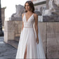 Bohemian V-Neck Wedding Dress Sleeveless A-Line Side Slit Spaghetti Straps Backless Lace Applique Floor Length Bride Gown