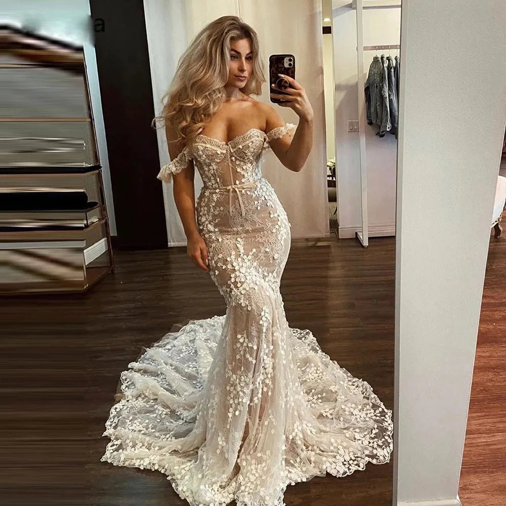 Elegant Mermaid Wedding Dresses Off the Shoulder Sweetheart Full Lace Bride Dresses Trumpet Princess Bridal Gowns