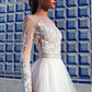 Illusion Scoop Neck Beaded Applique Lace Crystal Belt Tulle A-line Wedding Dress Long Sleeve vestidos de novia 2021 Wedding Gown