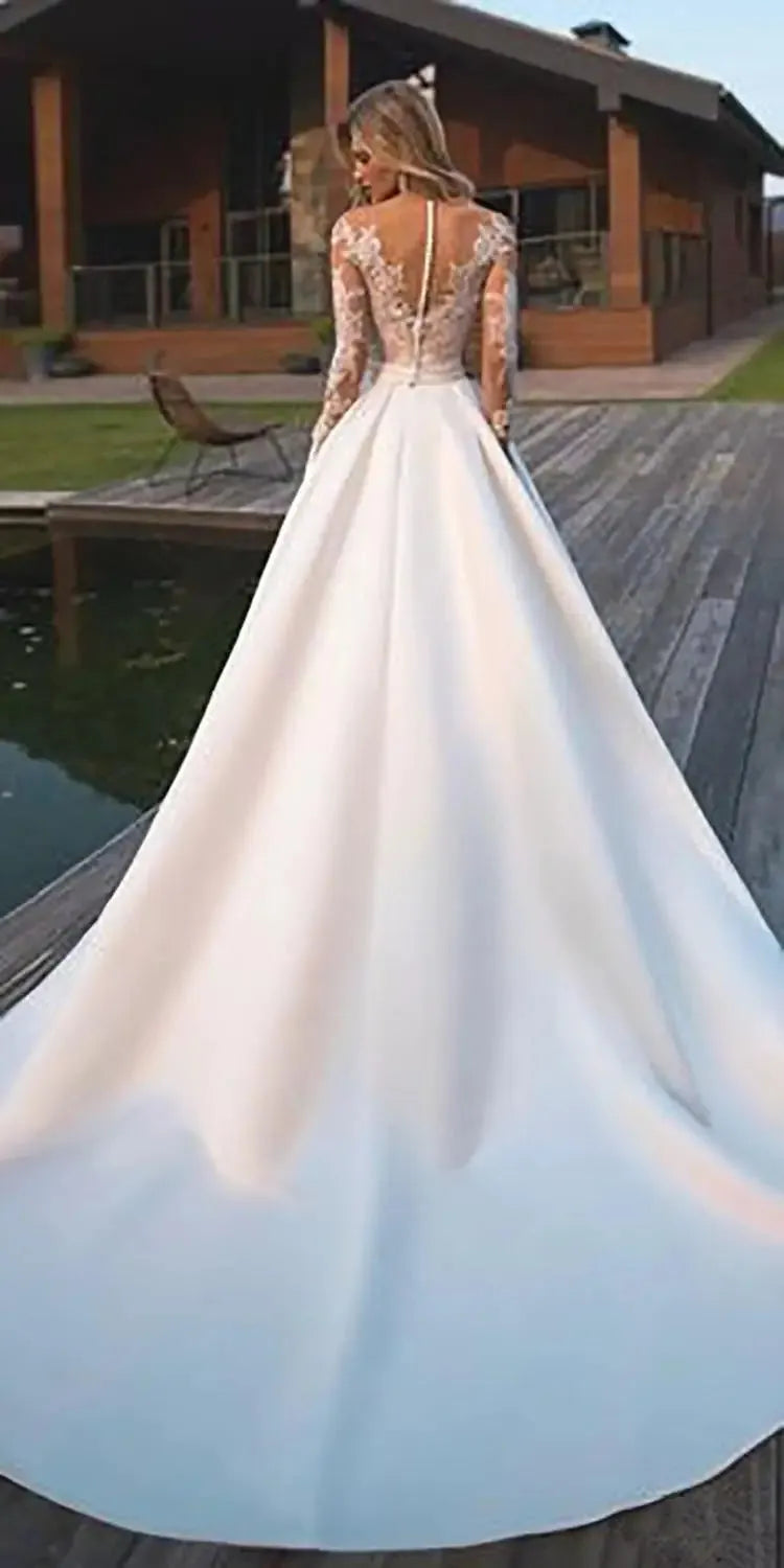 Lace Long Sleeves Satin Wedding Dresses A Line Bridal Gowns 2020 Modest Sheer Wedding Wear Custom Online WHITE