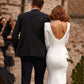 Elegantes Hochzeitskleid Meerjungfrau Square Ausschnitt Langarmige Rückenlose Satin-Kapelle Zug Brautkleid U-Form Brides für Dame