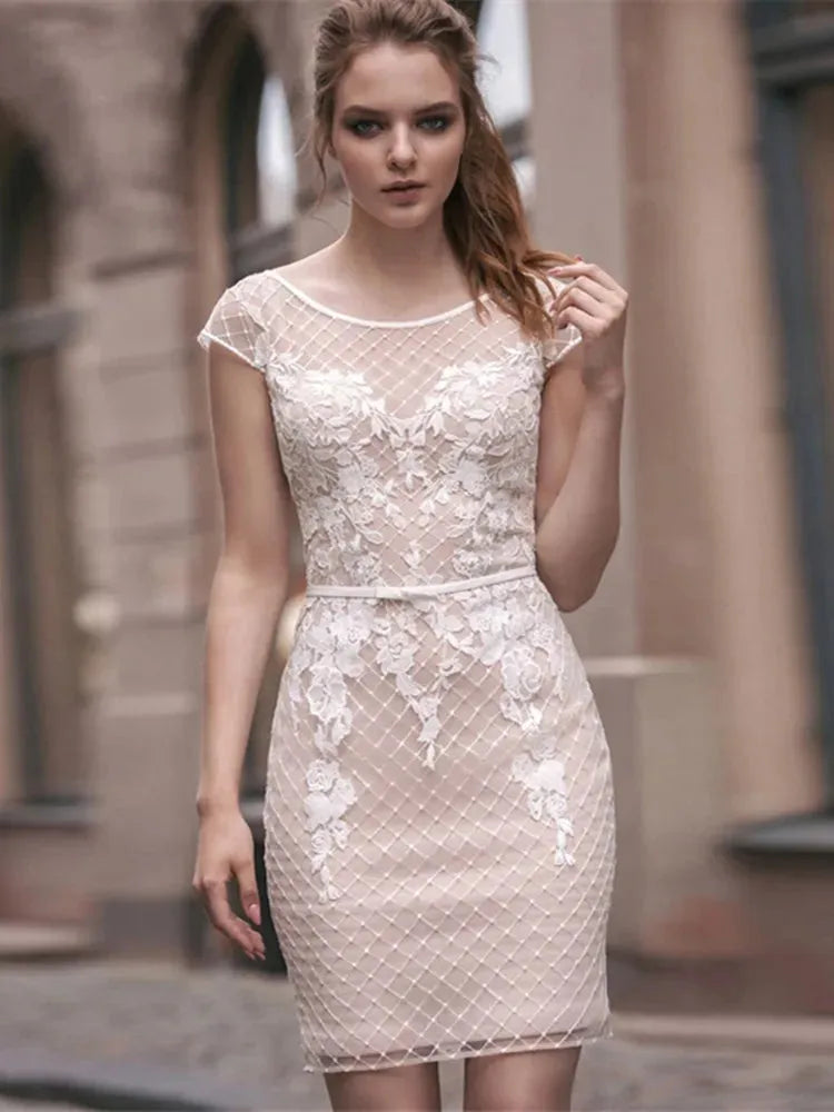 Elegant Sheath Wedding Dress Above Knee O-Neck Tulle Appliques Bridal Gown For Women Robe De Summer Custom Made Floor length