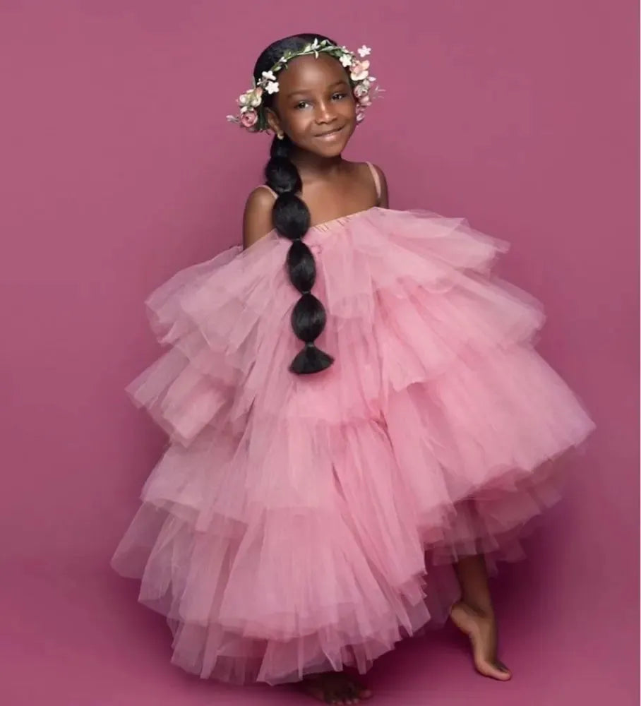 Lovely Layered Tulle Flower Girl Dresses Ball Gown Pink Puffy Baby Pageant Dress High Low Suspenders Girls Communion Dresses Pink