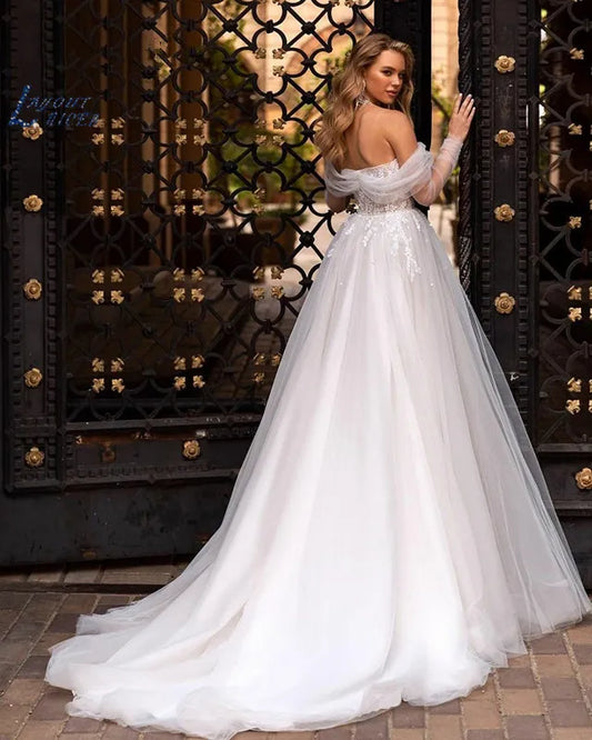 Lace Appliques Sweetheart Neck Wedding Dress Princess Off Beach Pantai Gaun Pengantin Gown Applique Split Vestido de Noiva