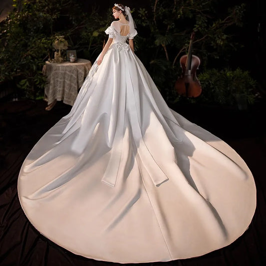 Vestido De Noiva New Classic Satin 1m Chapel Train Ball Gown Sweet Puff Sleeve Princess Luxury Wedding Dress Plus Size