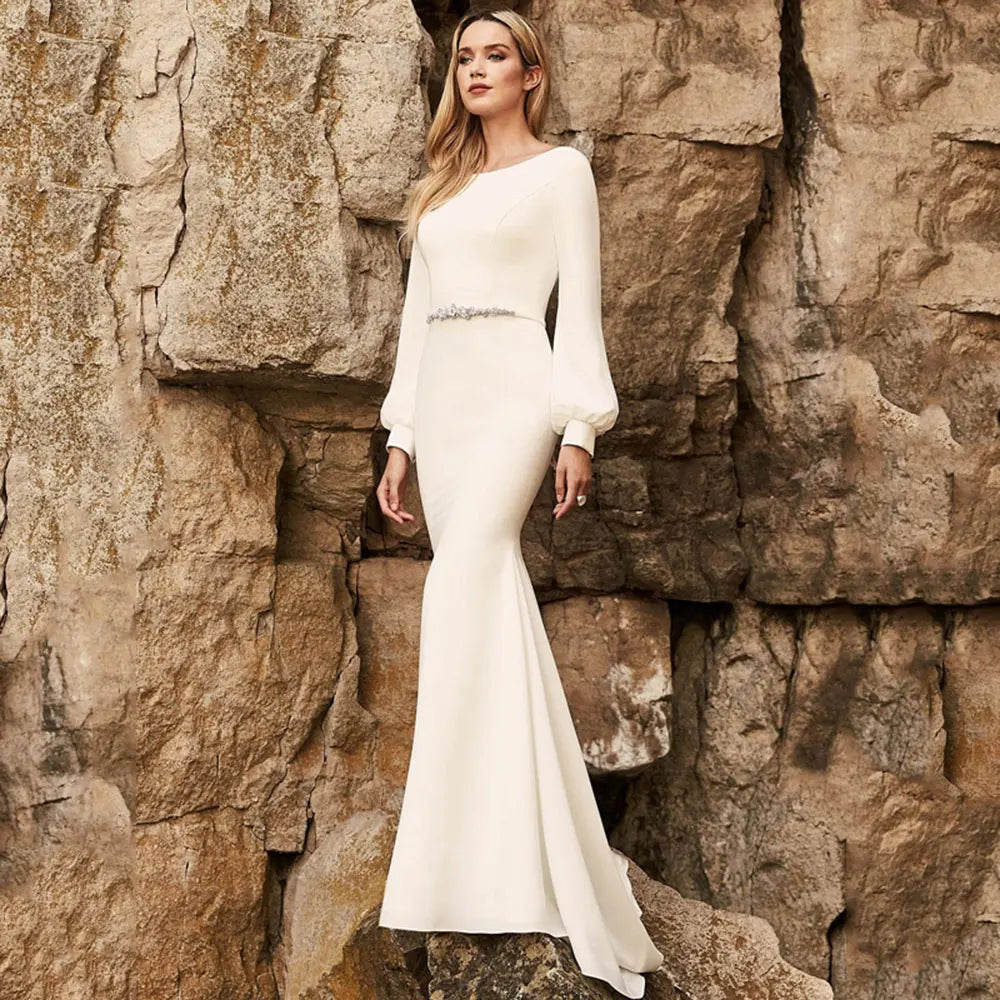 Elegante Elfenbein Brautkleider Meerjungfrau Langarm Braut Kleid O-Neck Hochzeitsfeierkleider Einfach bescheidene benutzerdefinierte Größe Plus Größe