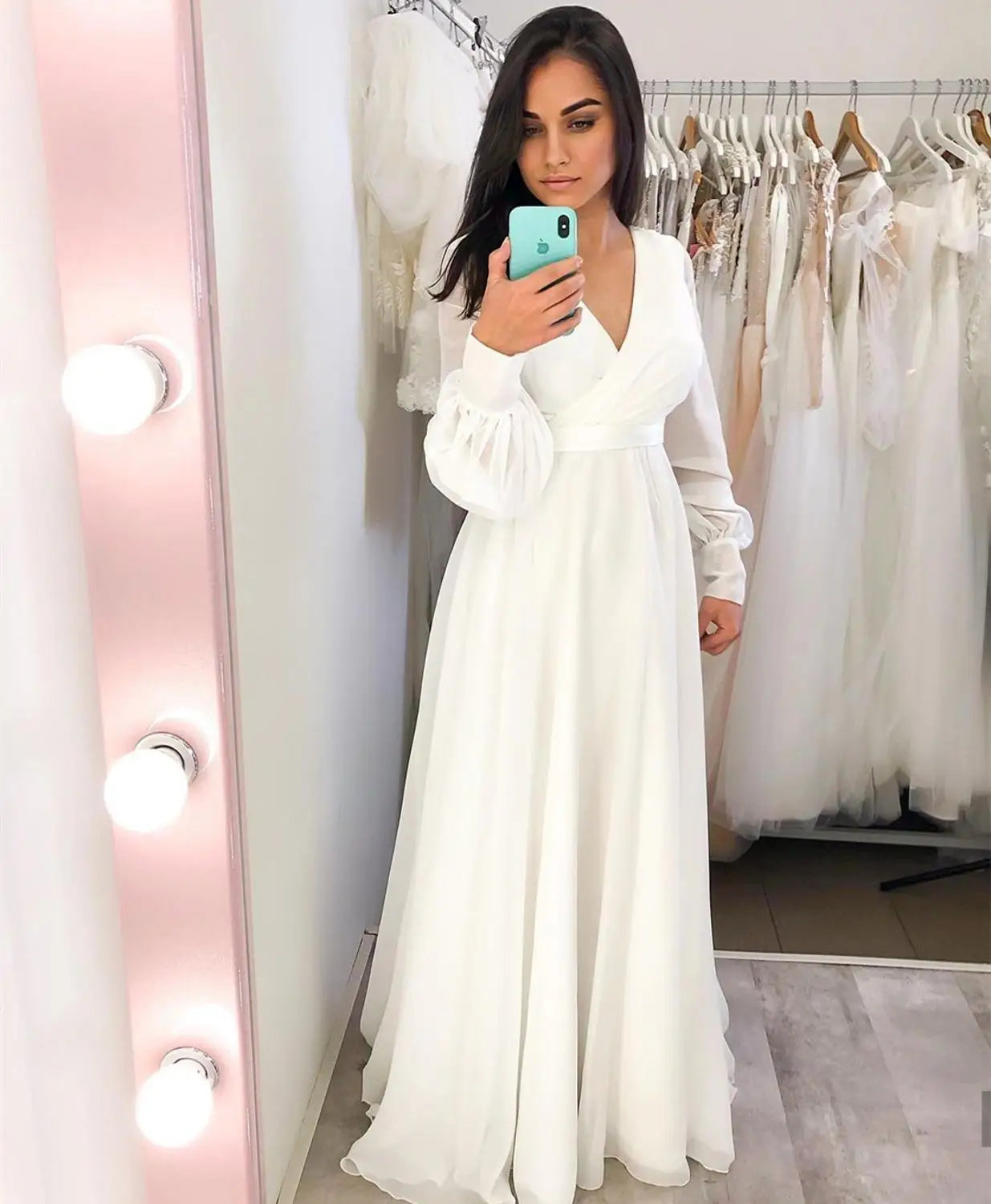 Gaun pengantin v-neck panjang sifon sederhana puff floor panjang sederhana elegan untuk wanita menawan jubah de mariee vestido