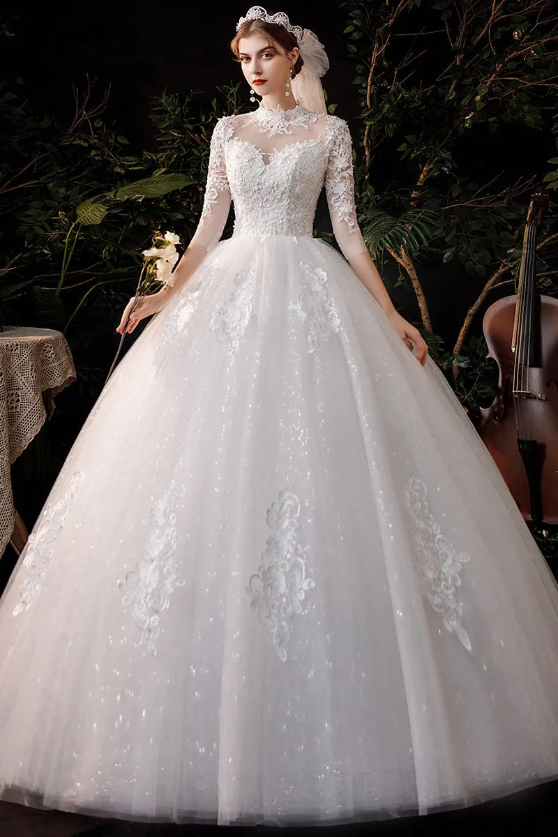 Wedding Dress Noble Three Quarter Sleeve Bridal Dress Elegant High Neck Ball Gown Princess Vestido De Noiva Plus Customize