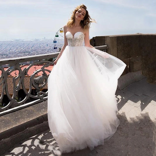 Bohemian Hochzeitskleid Boho eine Linie Einfacher Schatz weiße Tull Korsett Braut Kleid Strand Hochzeitskleider Vestido de noiv