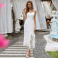 Weißes Spitzen -Hochzeitskleid mit gespaltener immer hübsch eleganter Linie Schatz asymmetrischem Hem Midi Hochzeitsfeierkleid