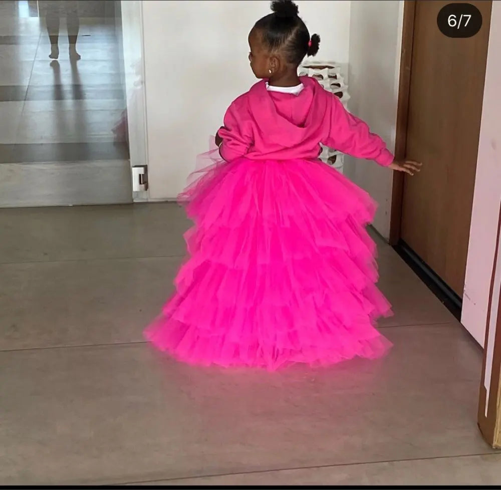 Cute Kids Tutu Skirts High Low Puffy Tiered Tulle Child Long Skirt Hot Pink Chic Flower Girl Dress Custom Made