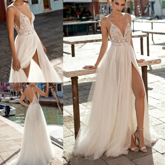 Suknie ślubne na plaży boho z boku spoghetti seksowne iluzja boho a-line perły bez pleców bohemian vestido de noiva