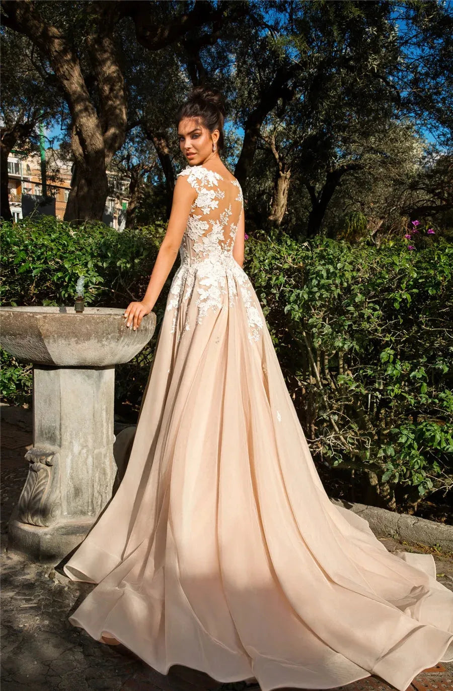 Sheer Scoop Neck Cap A-Line Wedding Dresses Lace Appliques Custom Made Illusion Bridal Gowns Princess Custom Made Spring Garden Same as picture Custom size