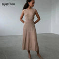 Listing Elegant Striped Knit Dress Women O-neck Sleeveless A-line Dresses Club Evening Party Midi Vestido