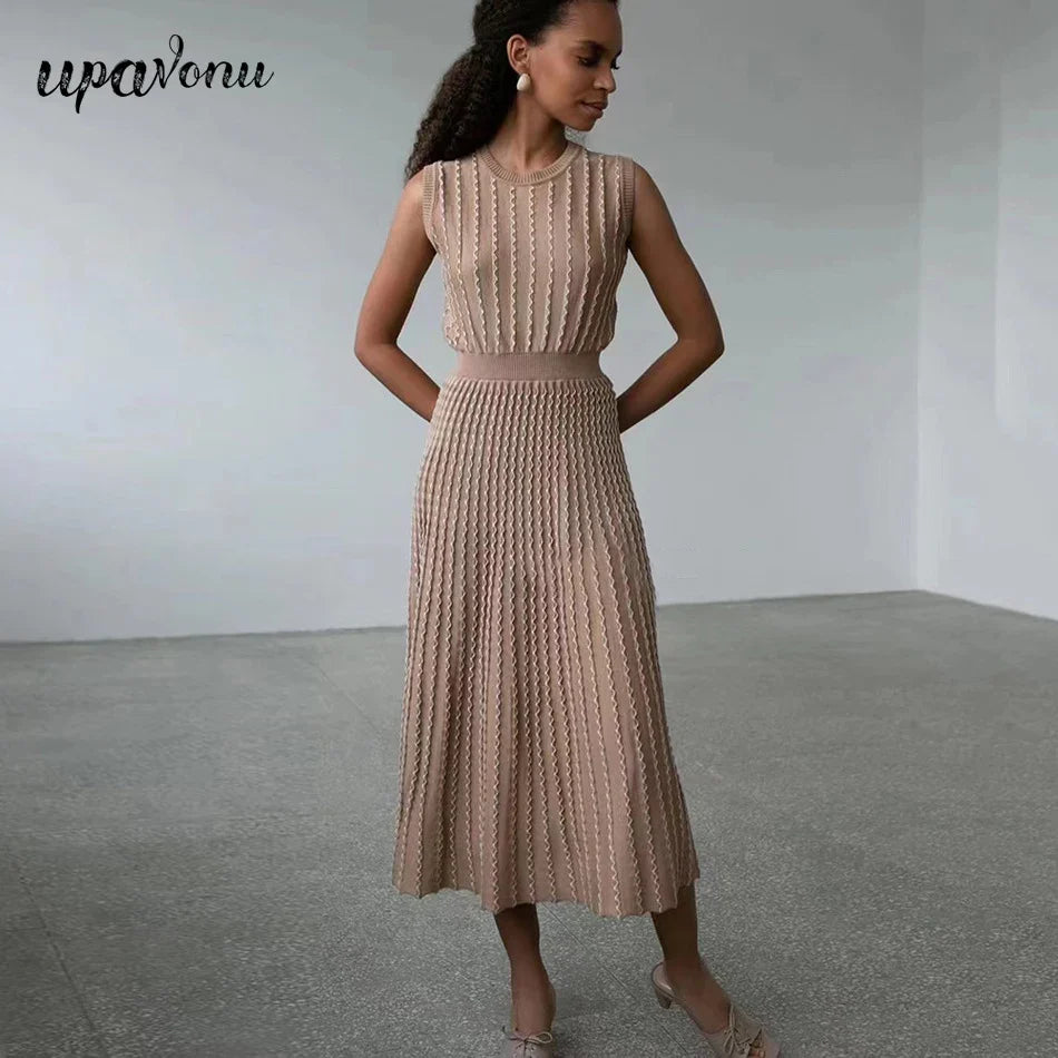 Listing Elegant Striped Knit Dress Women O-neck Sleeveless A-line Dresses Club Evening Party Midi Vestido