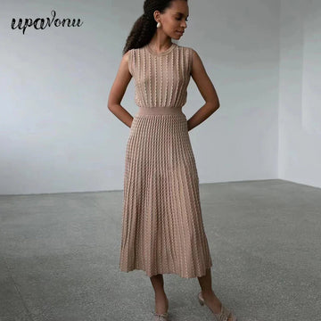 Listing Elegant Striped Knit Dress Women O-neck Sleeveless A-line Dresses Club Evening Party Midi Vestido