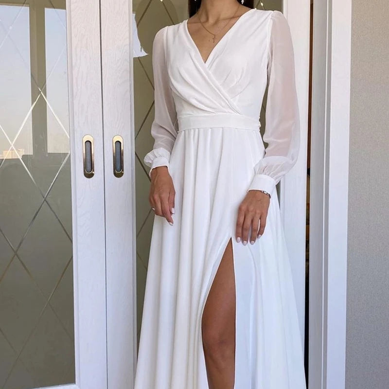 Vestido De novia De gasa De manga larga con abertura lateral hasta el tobillo vestido De novia De manga larga con cuello en V bata De Mariee elegante