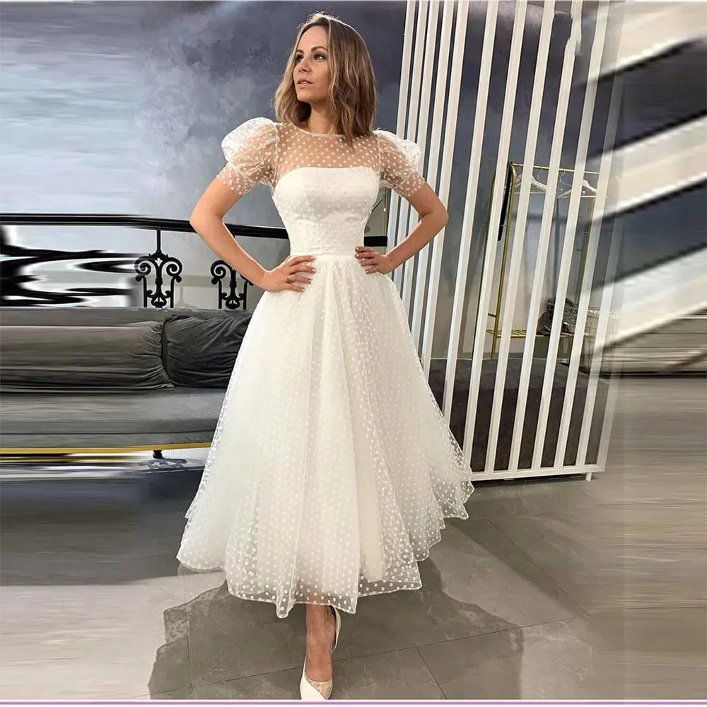 Simple Short A Line Wedding Dress Scoop Neck Short Puffy Sleeve Elegant Bridal Gown Ankle Length Vestidos De Novia Plus Size