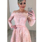 Einzigartige Tüll-Off-the-Shoulder-Ausschnitt Ausschnitt kurze Brautkleider Langarm und Bowknot rosa Brautkleid
