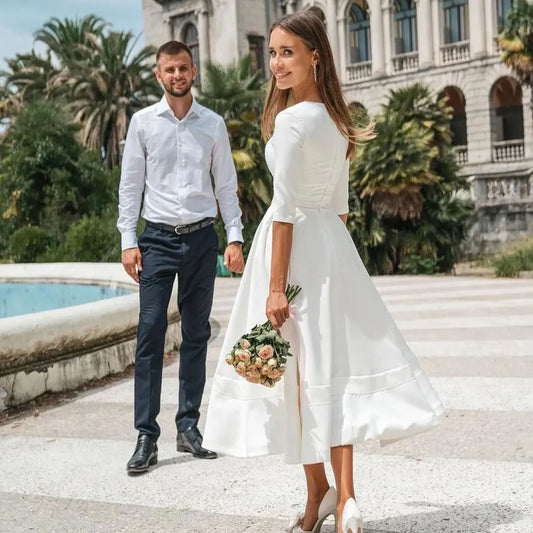 Vestido De novia corto De gasa sencillo con cuello en V, bata De novia hecha a medida para mujer, vestidos De novia De manga larga largos