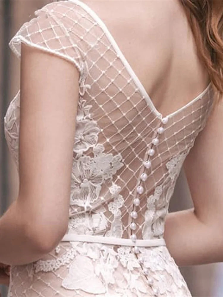 Elegantes Scheide Hochzeitskleid über Knie O-Neck Tüll Applizes Brautkleid für Frauen Robe de Summer Mitte gemacht