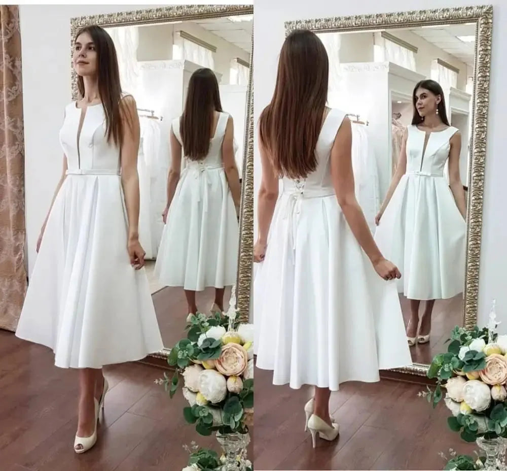 Wedding Dress Short Satin Sleeveless Knee Length Bridal Gowns Charmin V-Neck A-Line White Custom Made Lace Up Elegant For 24w