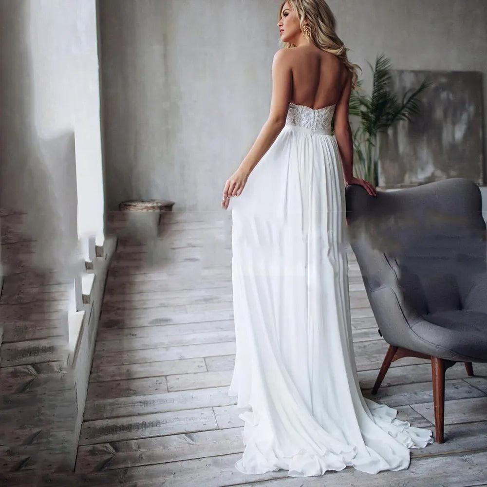 Sexy Sommerschatz Ärmel und Seitschlitz Strand Hochzeitskleid weiße Chiffon Rückenfreie Spitzen Applikationen Brautkleider Anpassung