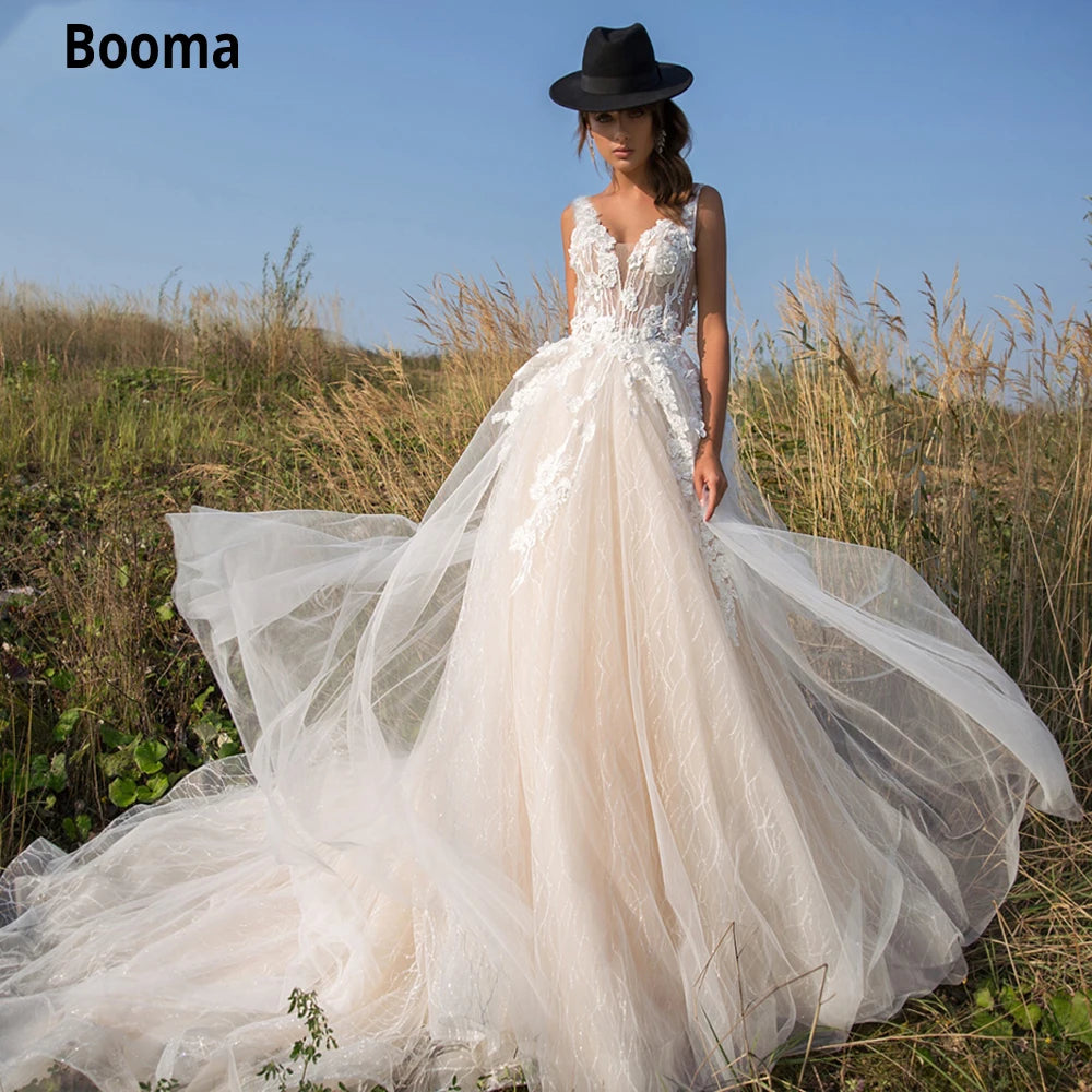 Vestido de noiva de renda com champanhe 2020 Apliques de decote em V Aberto do vestido de noiva Back Tree