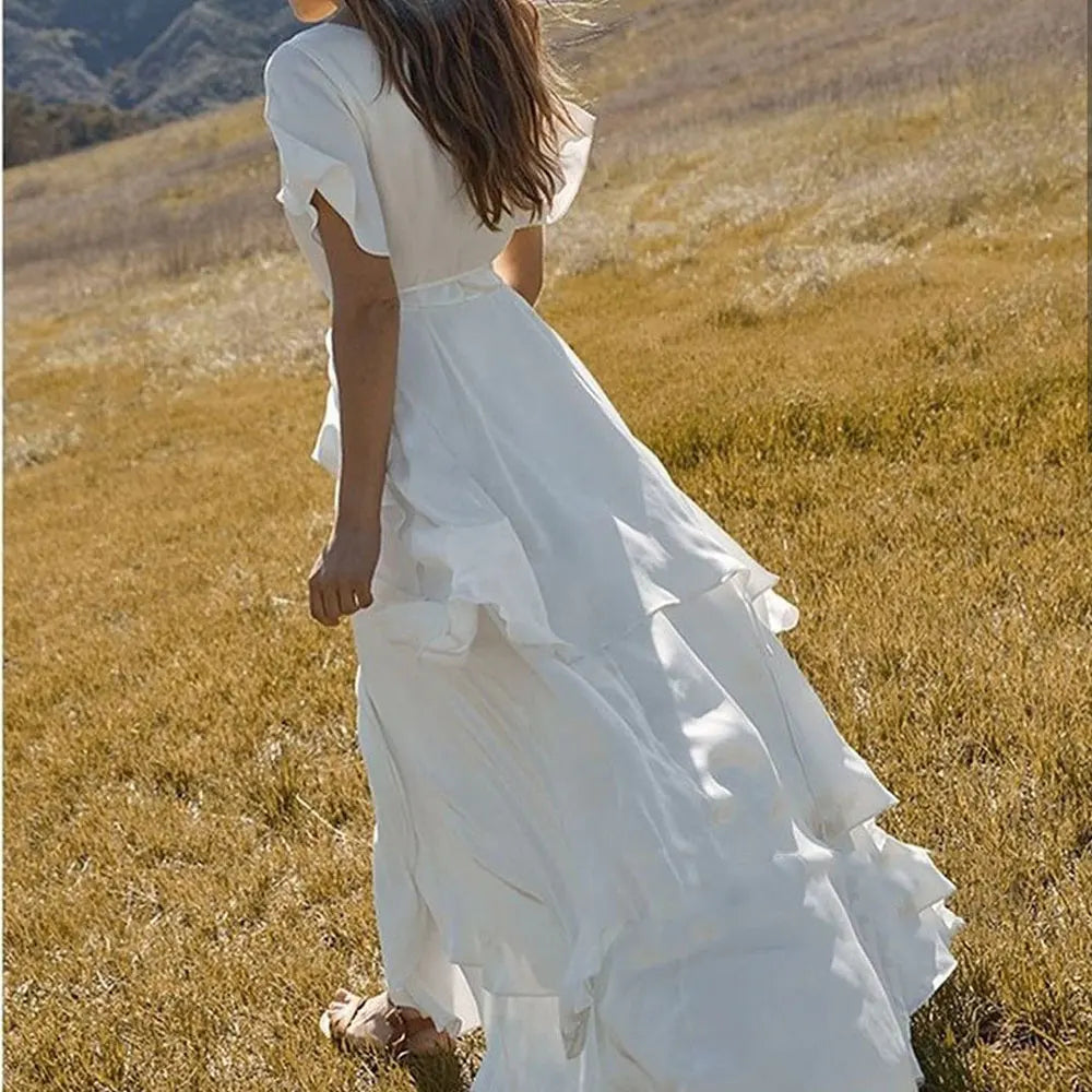 Robe De mariée Vintage, col en V, à plusieurs niveaux, longueur thé, Simple, sur mesure, robe De soirée pour femmes