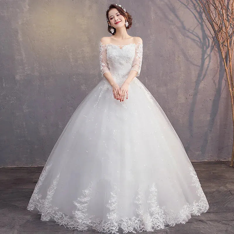 Boat Neck Half Sleeve Wedding Dress Floor-length Wedding Gown Classic Ball Gown Off The Shoulder Luxury Lace Vestido De Noiva Off white