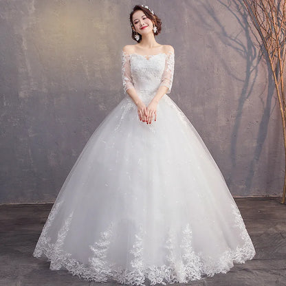 Boat Neck Half Sleeve Wedding Dress Floor-length Wedding Gown Classic Ball Gown Off The Shoulder Luxury Lace Vestido De Noiva