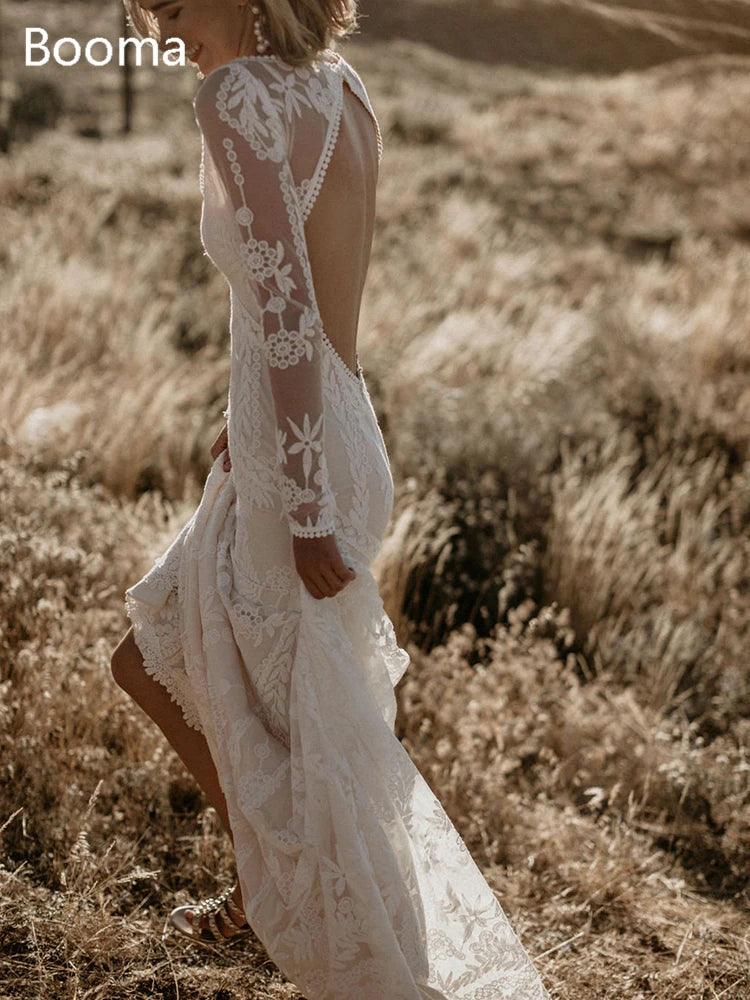Boho koronkowe sukienki ślubne syreny długie rękawy kwadratowy dekolt trąbka bohemian ślubna suknie ślubne seksowne sukienki ślubne