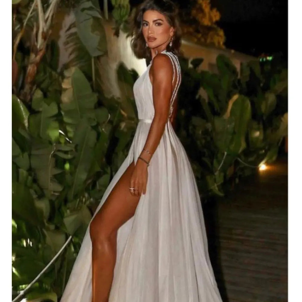 Vestido de novia con abertura lateral sexi, corte en A, sin mangas, plisado, con cuentas, espalda descubierta, vestido de novia de gasa, largo hasta el suelo, hecho a medida para mujer