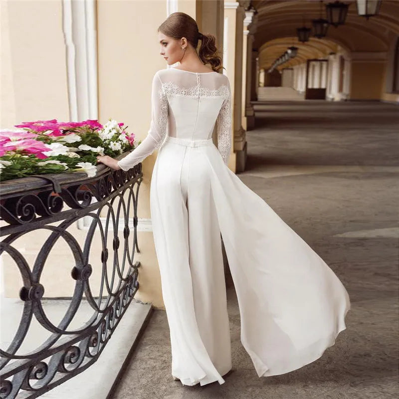 Jumpsuits Wedding Dresses For Women Detachable Pearls Belt Chiffon Lace Jumpsuit Bride Reception Bridal Pantsuits Robe De Mariee