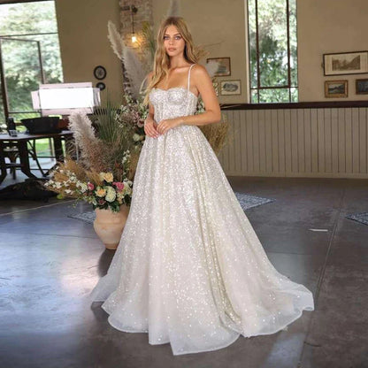 Shiny Wedding Dresses Boho Sweetheart Sequin Spaghetti Strap A-Line Princess Wedding Bridal Gown suknia slubna