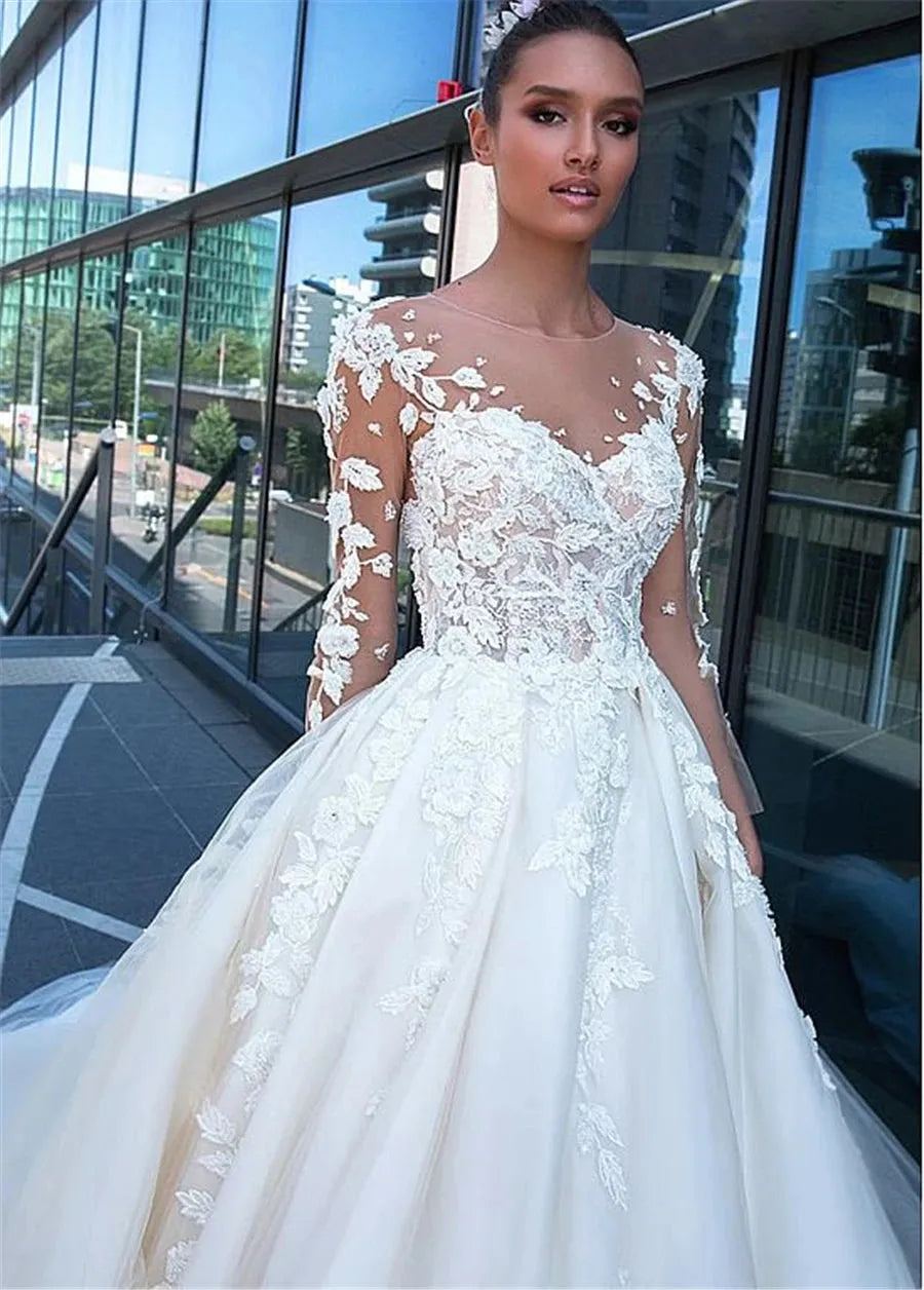 O-neck Tulle Skirt Applique Flowers A-line Wedding Dress Long Sleeve Turkey Bridal Gowns Lace Wedding Dresses 2021 WHITE