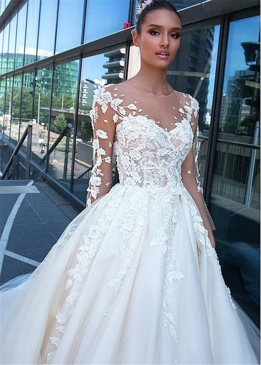 New O-neck Tulle Skirt Applique Flowers A-line Wedding Dress Long Sleeve Turkey Bridal Gowns Lace Wedding Dresses 2021