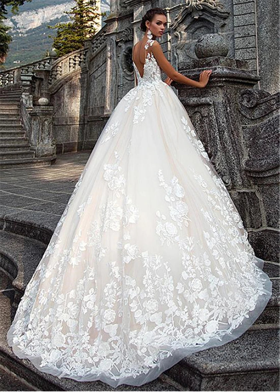 Custom Made V-neck Backless Tulle A-line Applique Lace Wedding Gowns vestido noiva 2021 Wedding Dress Boho