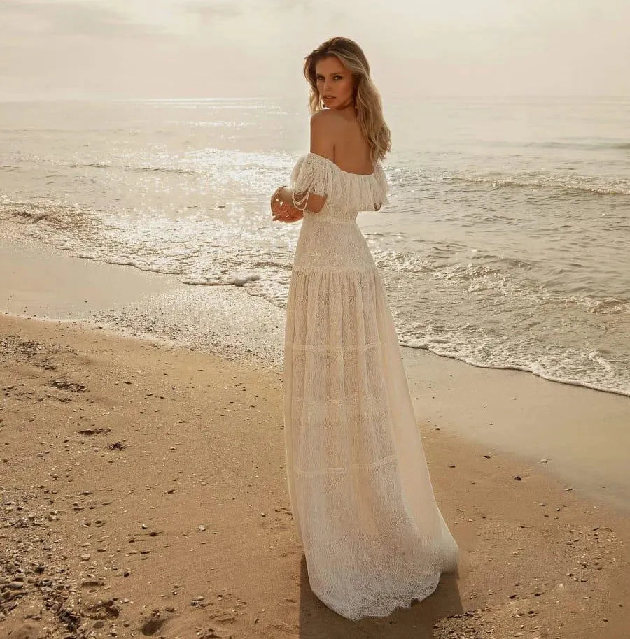 Bohemian Full Lace Wedding Dresses Off the Shoulder Ruffles A Line Bridal Gowns Beach Boho Robes De Mariée Plus Size WHITE 14W