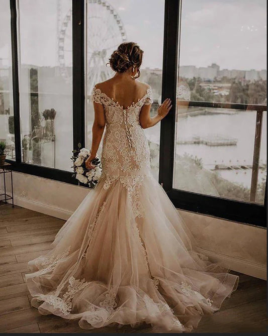 Off Shoulder Short Sleeves Mermaid Wedding Dresses Champagne Bridal Gowns 2020 Lace Up Back Vestidos De Mariee