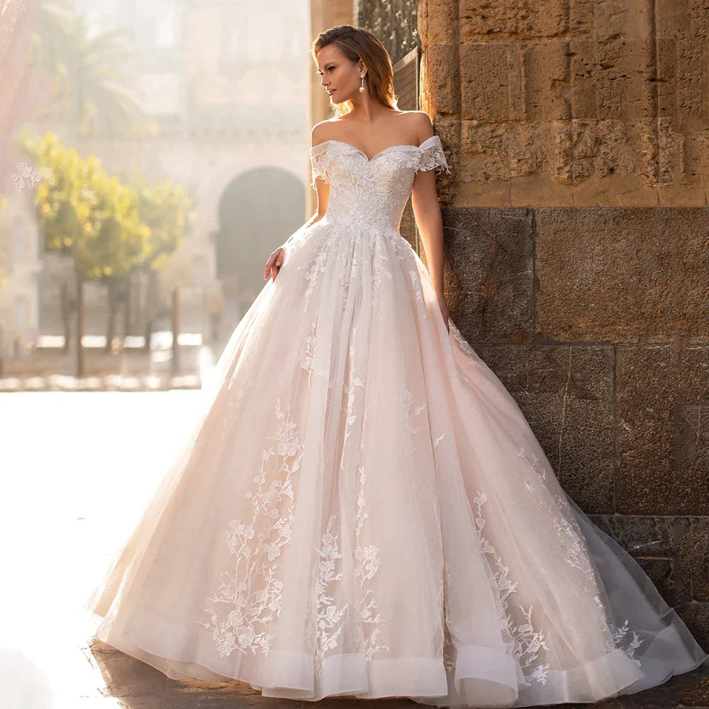 Gaun pengantin gaun bola cantik indah dari bahu sayang renda glitter tulle sapuan kereta api bridal