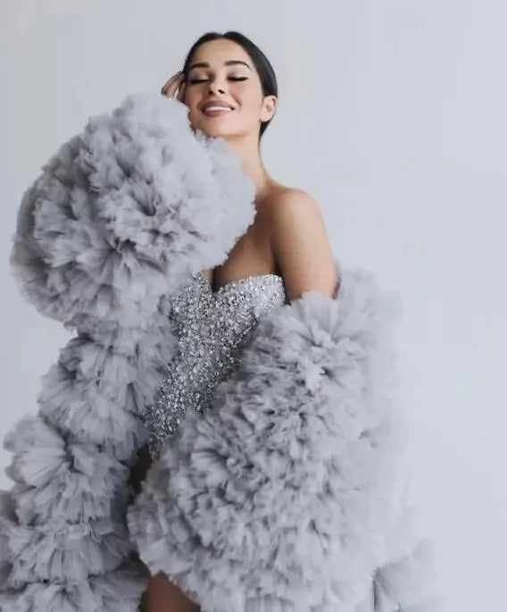 Amazing Tulle Coat Extra Puffy Layered Tulle Jacket for Stage and Performance Women Cape Fluffy Ruffled Best Coat GRAY