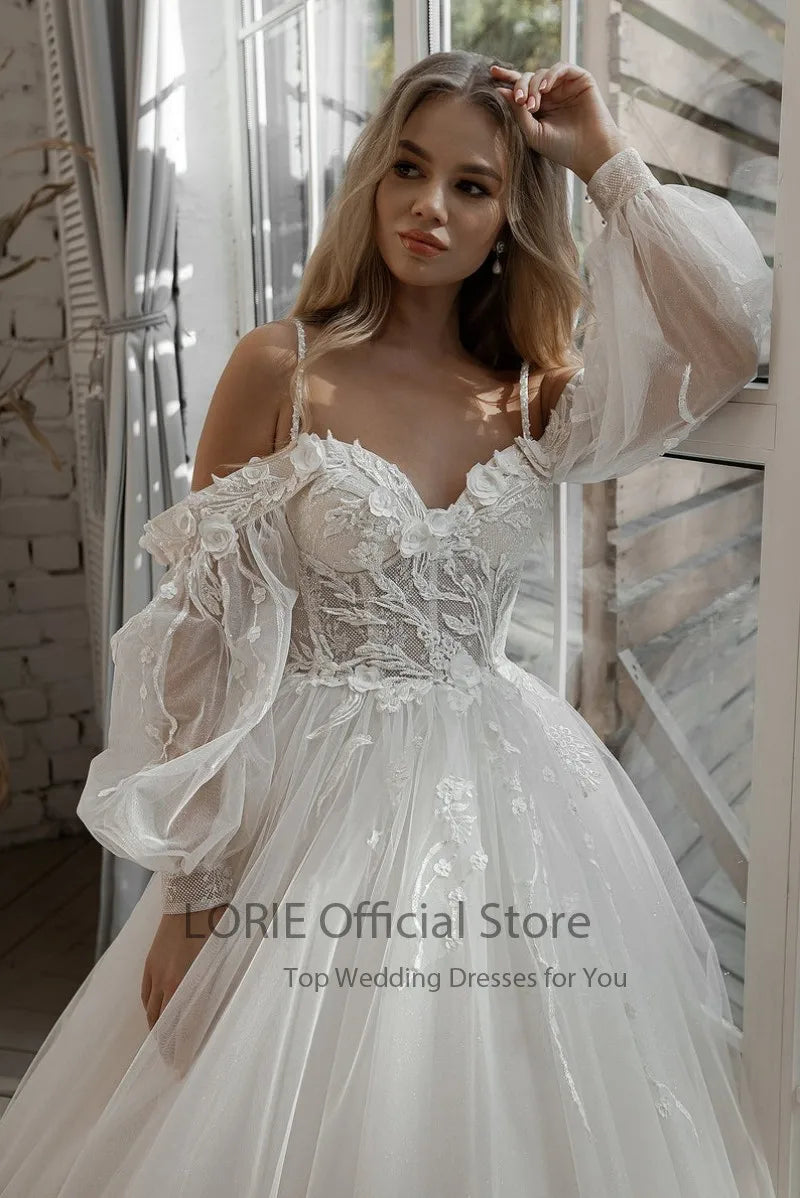 LORIE Glitter Wedding Dresses Puff Sleeve Appliques Lace 3D Flowers off Shoulder Tulle Boho Bride Gown vestidos de novia