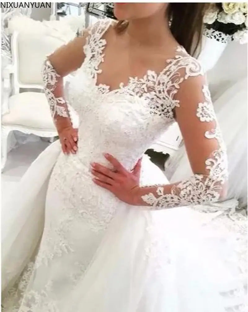 Vestido de noiva renda putri duyung gaun pengantin dengan rok yang dapat dilepas lengan panjang gaun pengantin pengantin lengan panjang