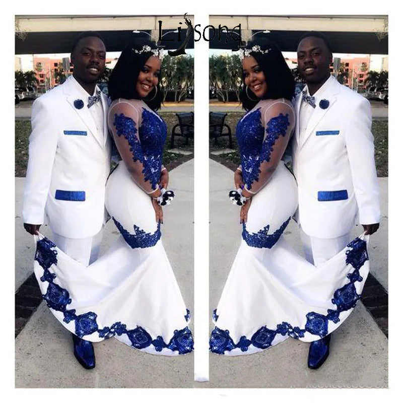 White Royal Blue Lace Aso Ebi African Prom Dresses Long Illusion Sleeves Appliqued Mermaid Evening Formal Gowns Pageant Dress