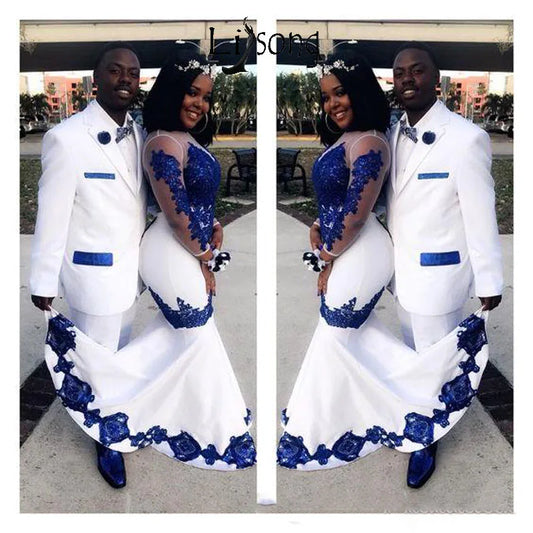 Vestidos de fiesta africanos Aso Ebi de encaje azul real blanco, mangas largas de ilusión, vestidos formales de noche de sirena con apliques, vestido de desfile